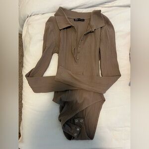 Zara Taupe Ribbed Knit Bodysuit